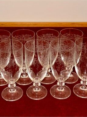 Vintage Fostoria Glass Etched Buttercup 6030 Footed Tumbler Goblet 5 oz 8 Pc Set